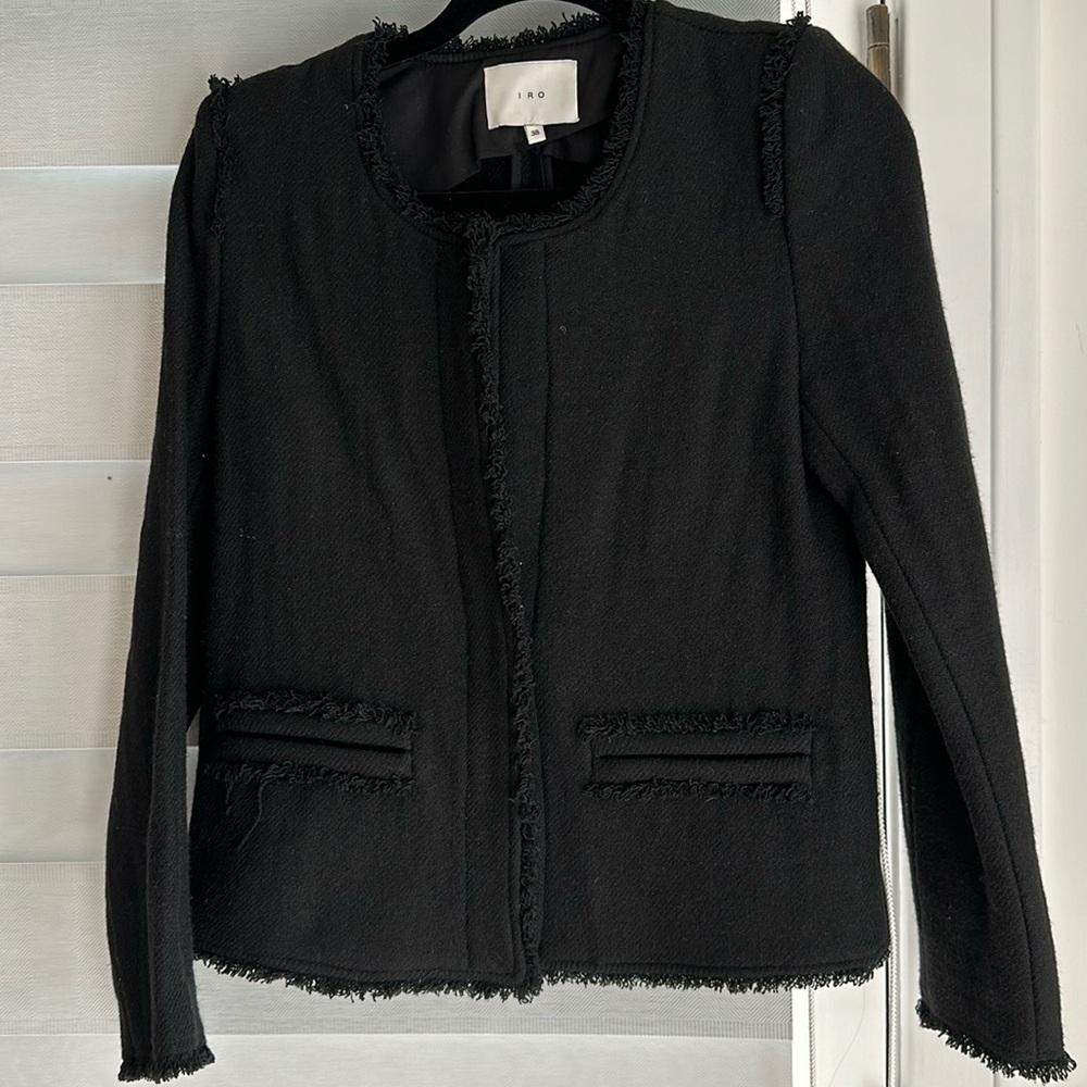 IRO Women's Black Fringe Trim Tweed Jacket